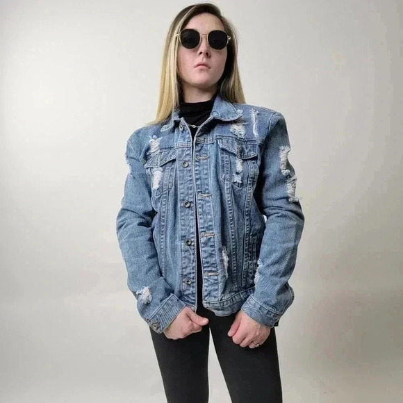 Ripped Faded Wash Denim Jacket - L - Picture 6 of 8